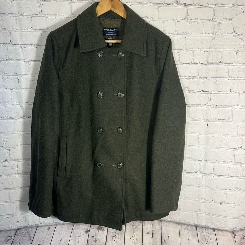 American Eagle Pea Coat Womens Large Green Trench Y2K Lined Winter Jacket